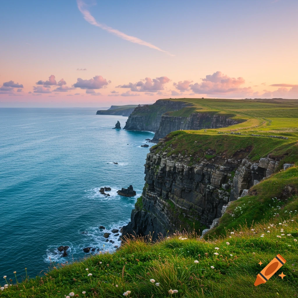 Dramatic green cliffs meet a blue-green ocean under a colorful sunset sky, with grassy tops and scattered white flowers.
