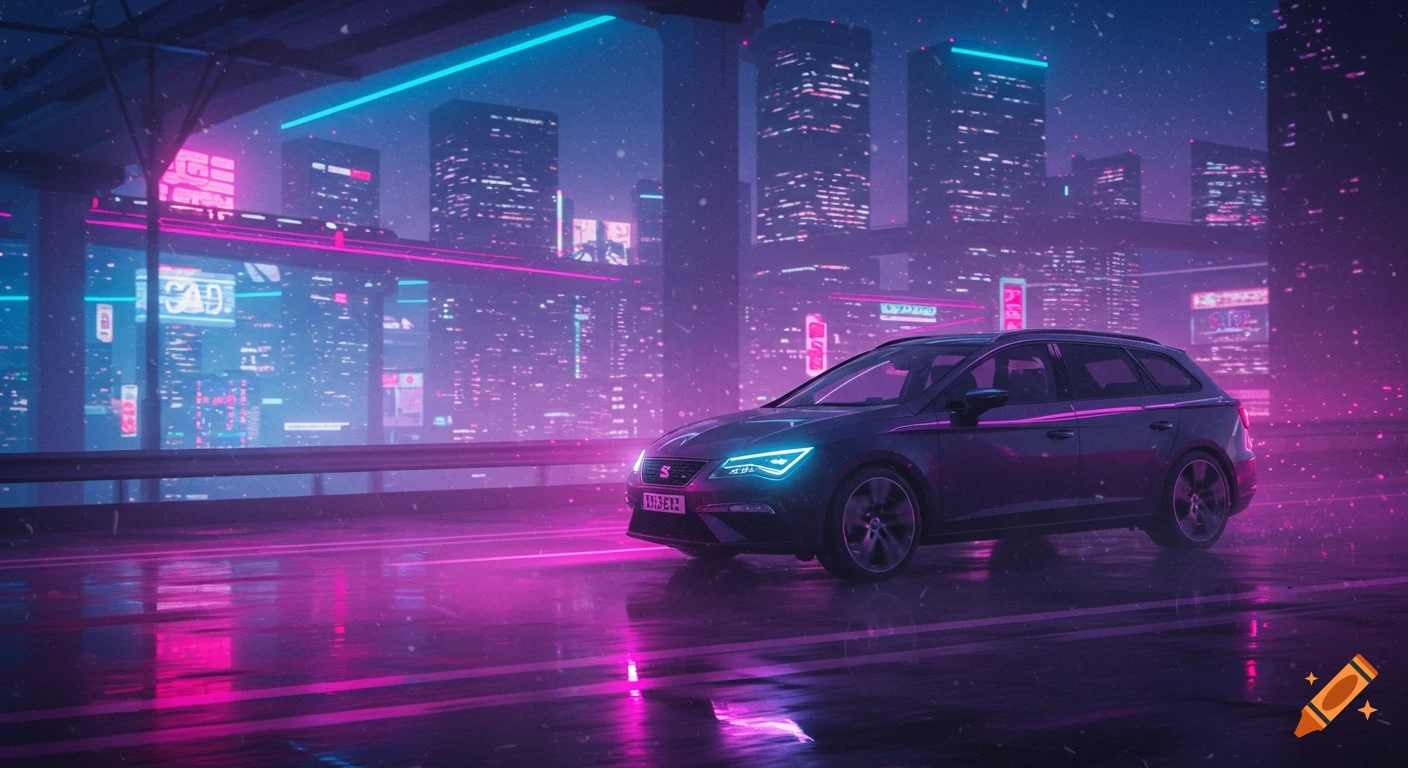 A dark car with neon lights on a wet road in a futuristic city at night, synthwave style.