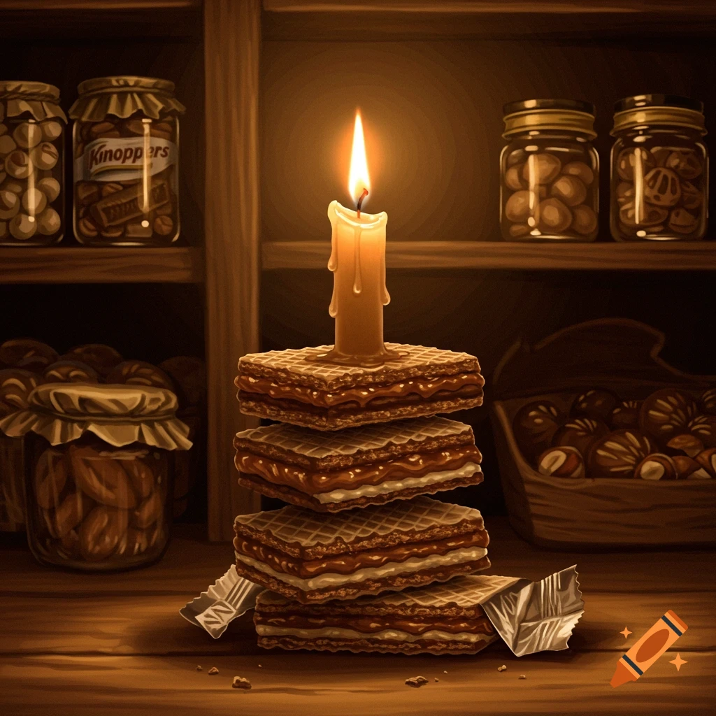 A lit candle melting onto a stack of Knoppers wafers, set in a warm pantry with jars on shelves, in an artistic style.