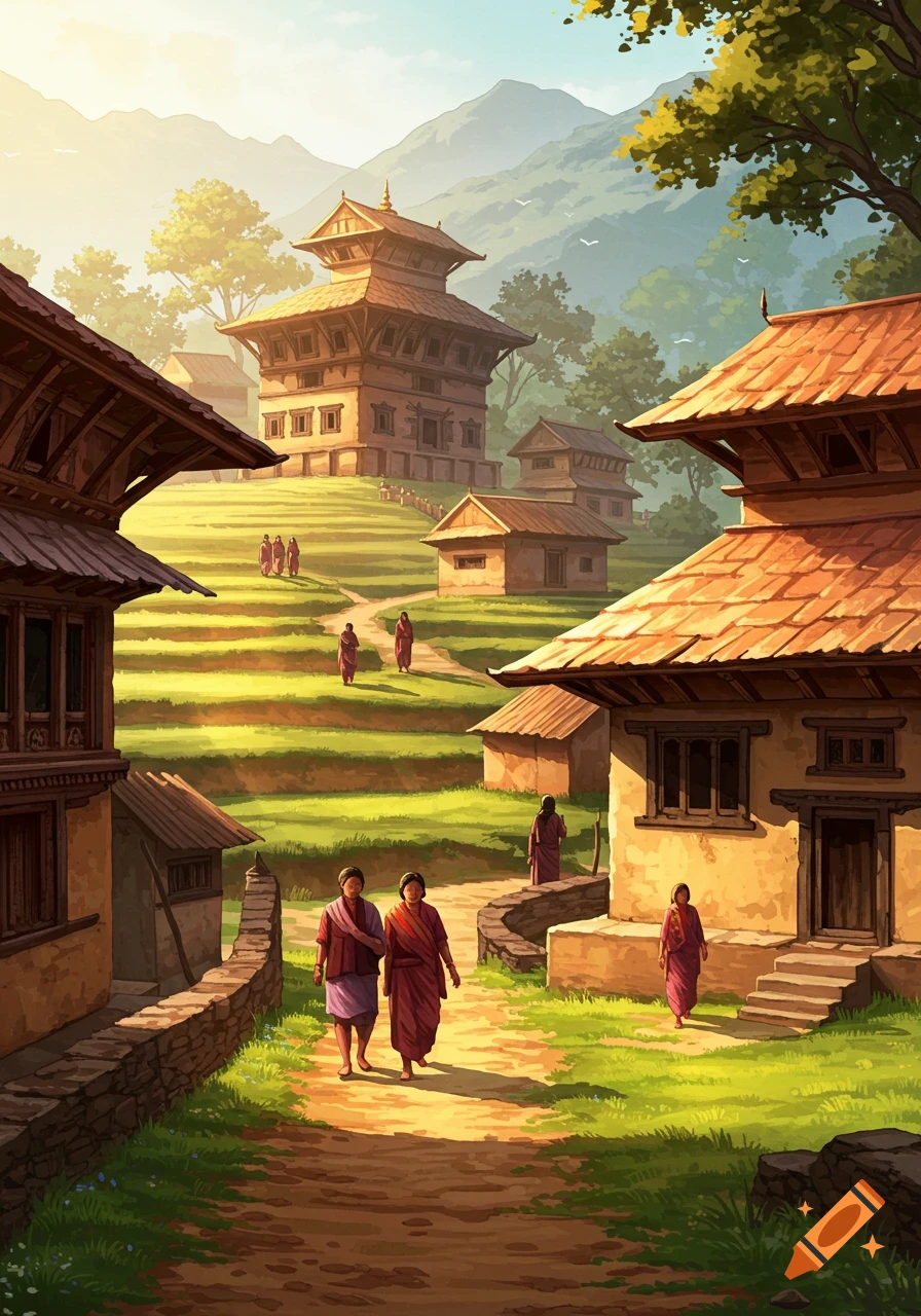 Cartoon depiction of a Nepali village with traditional houses, people walking on dirt paths, and terraced fields under warm morning light.