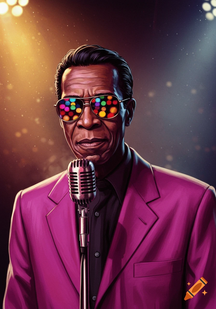 Stylized portrait of a man in a magenta suit and colorful sunglasses, holding a vintage microphone under stage lights.
