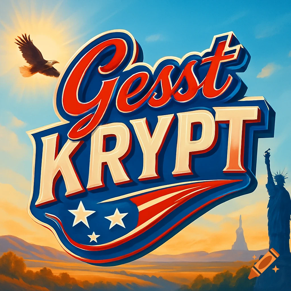 A patriotic logo with 'Gesst KRYPT' in red and blue, featuring an eagle, the Statue of Liberty, stars, and stripes against a sunset landscape.