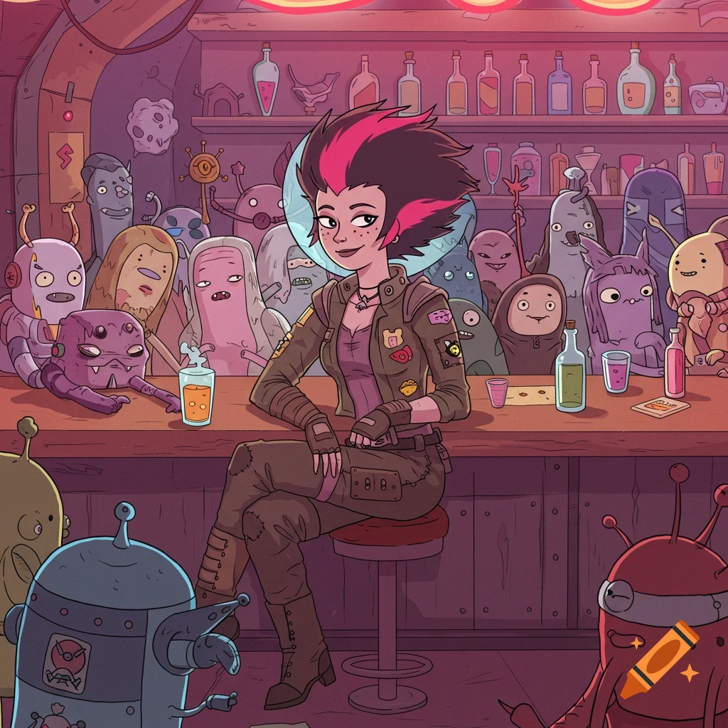 A cartoon space rogue with pink and black hair sits at a bar in a cantina, surrounded by diverse aliens.