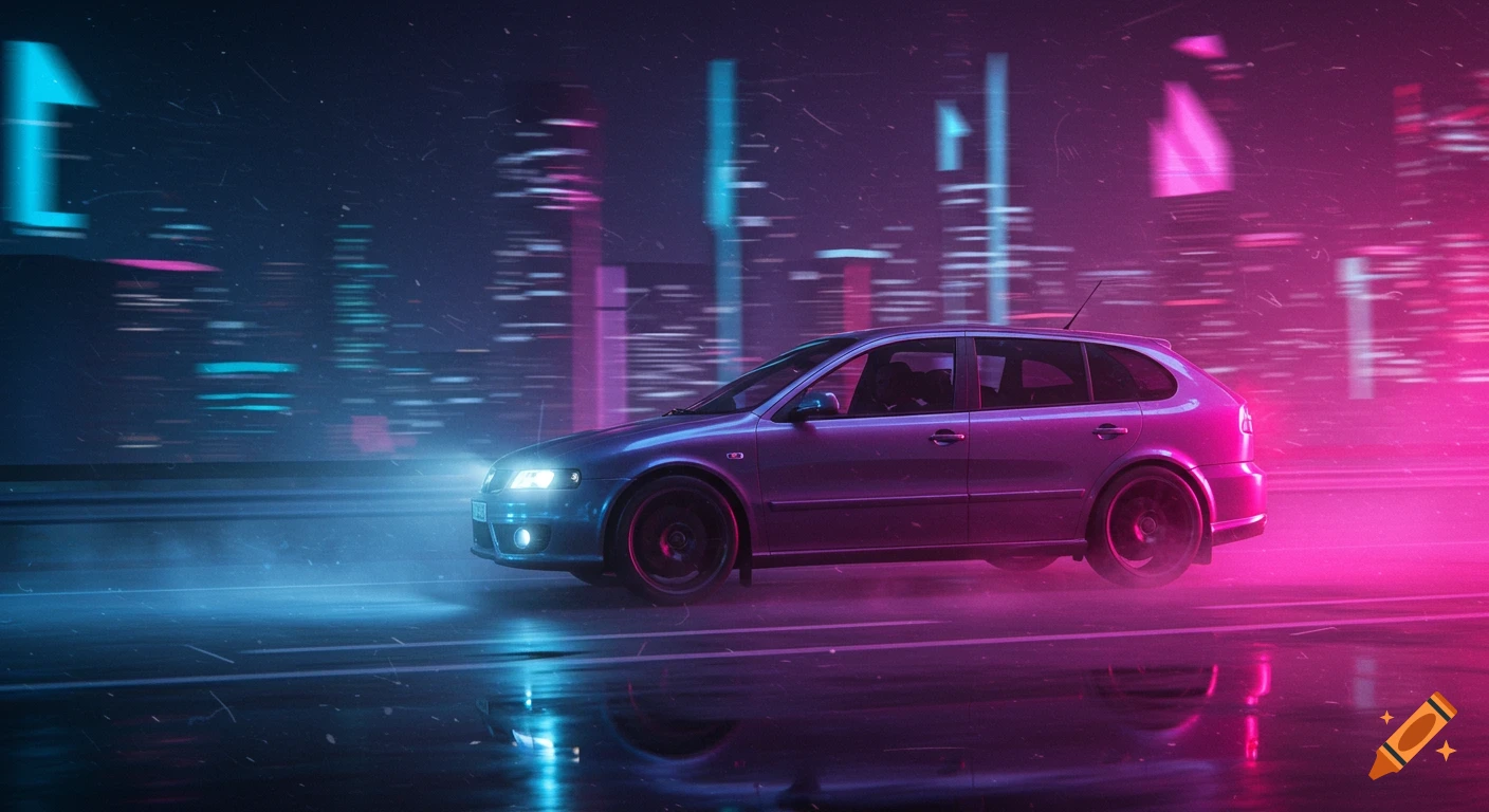 A blue and purple car speeding on a wet road at night, illuminated by neon pink and blue lights in a futuristic synthwave city.