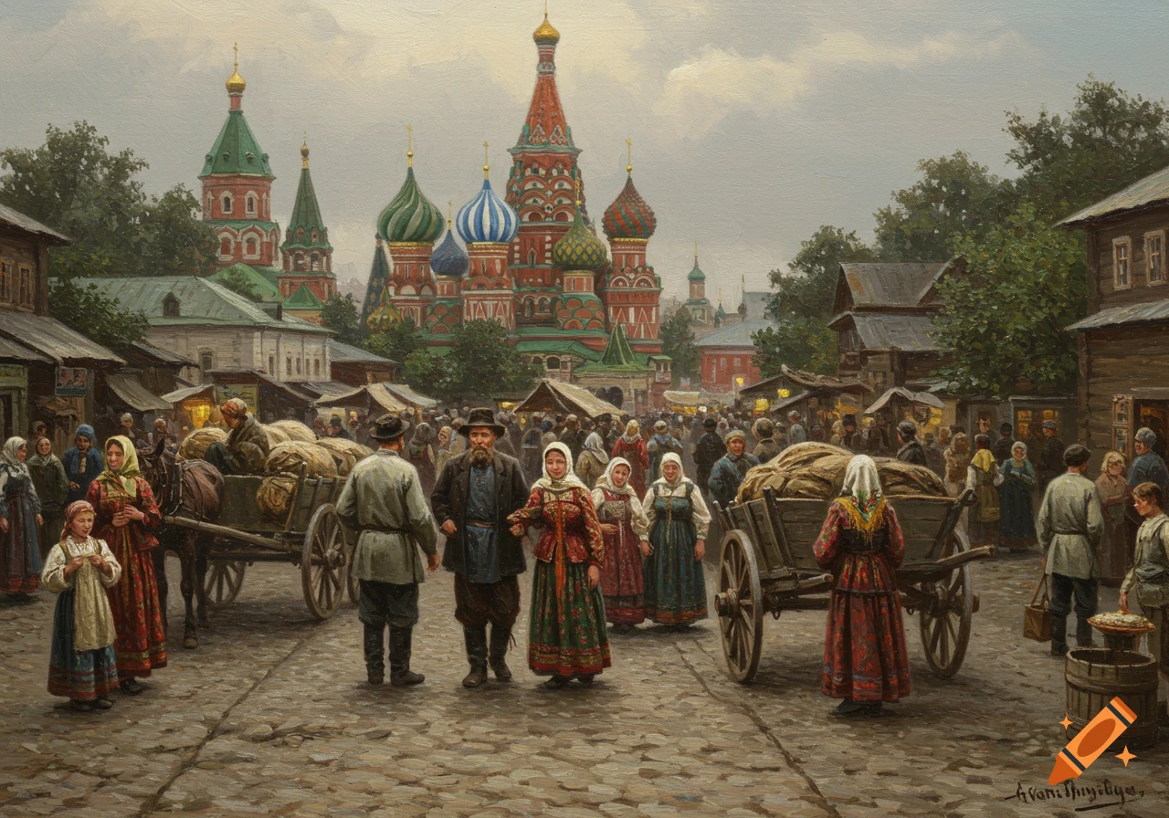 Painting of a bustling 19th-century Russian market street with people in traditional clothing and colorful domed buildings.