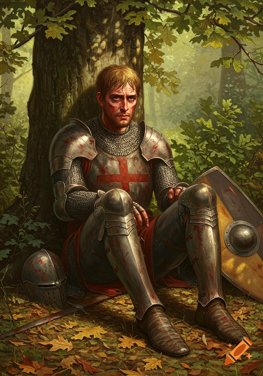 Painting of an injured knight in bloodied armor, sitting against a tree in a forest. His helmet, sword, and shield lie nearby.
