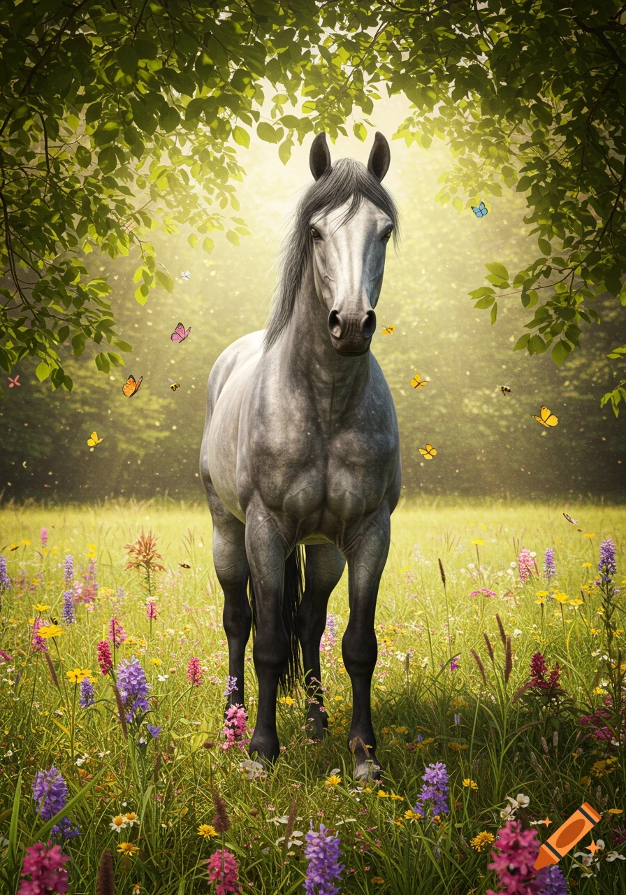 Photorealistic grey horse standing in a field of colorful wildflowers under a sunlit green tree canopy with butterflies.