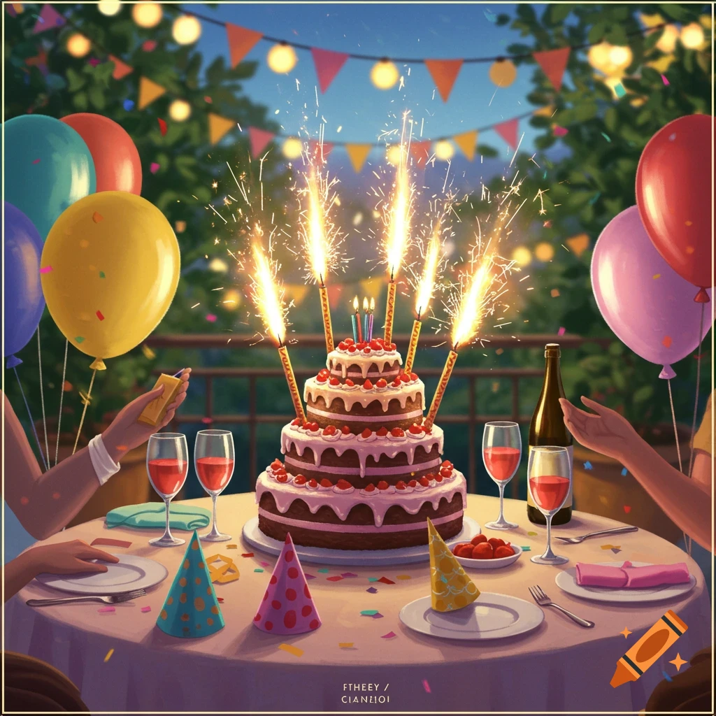Vibrant illustration of a festive birthday party with a multi-tiered cake, sparklers, balloons, and party hats on an outdoor table.
