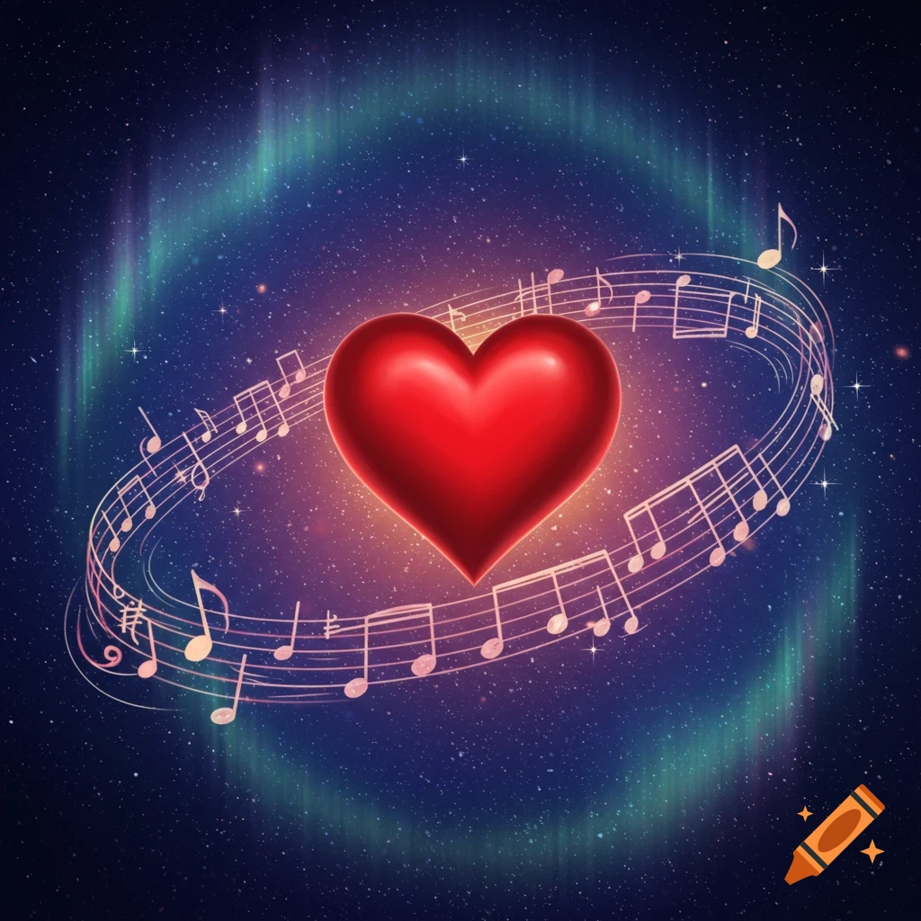 A vibrant red heart surrounded by musical notes and staffs, set against a starry night sky with glowing aurora lights.