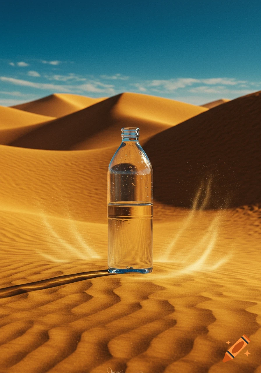 Photorealistic image of a half-full water bottle standing in a golden desert with sand dunes under a blue sky.