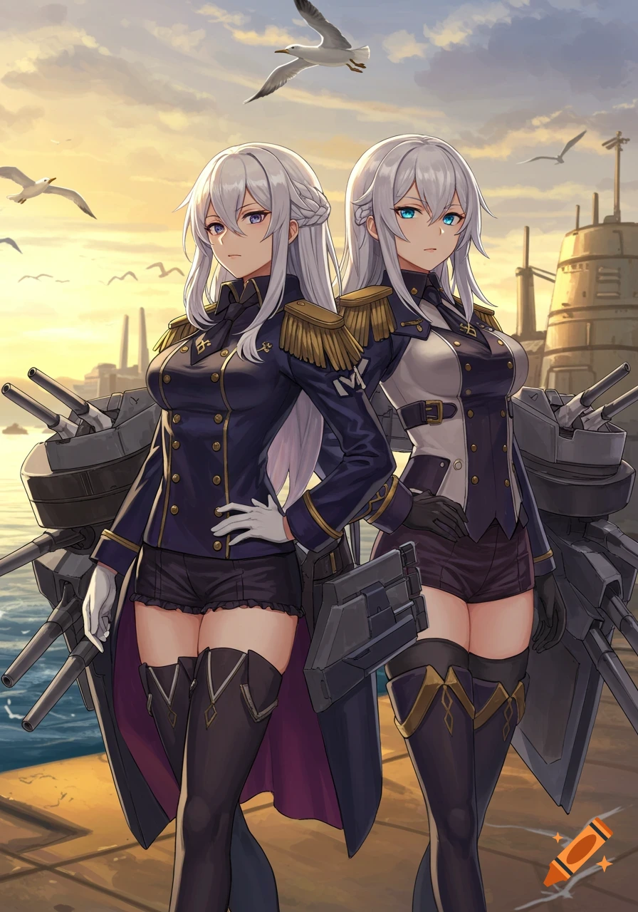 Two anime-style women in detailed navy-blue military uniforms with gold trim and white hair stand on a battleship deck at sunset, with seagulls flying in the sky.