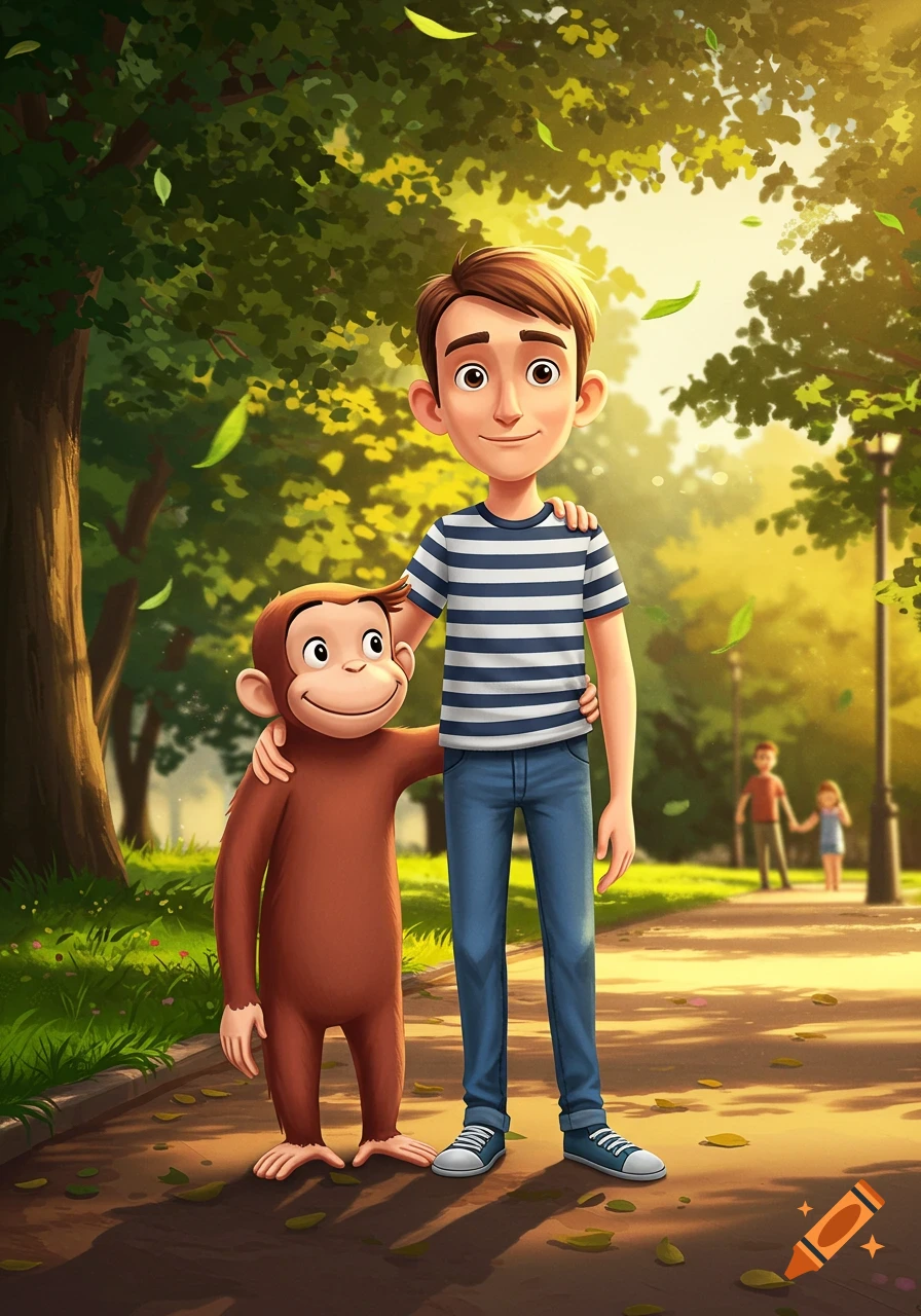 A cartoon man and a Curious George-like monkey stand arm-in-arm in a sunny park illustration.