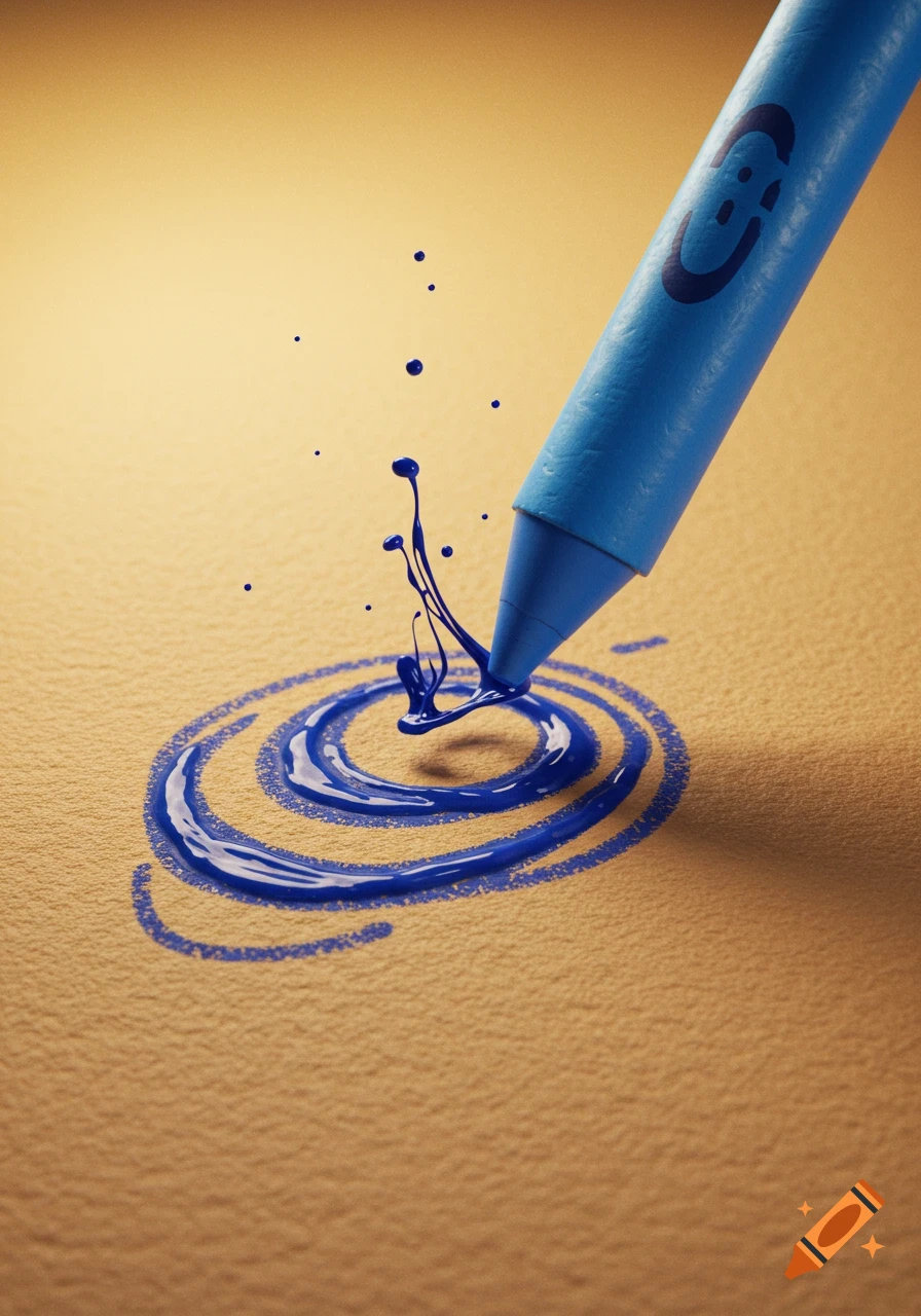 Close-up of a blue crayon drawing swirling blue ink on textured beige paper with ink splatters.