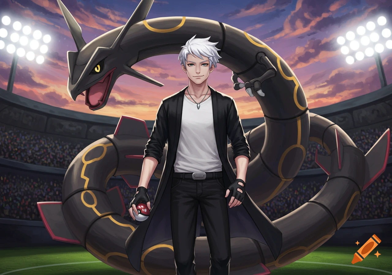 An anime-style male Pokémon trainer with white hair stands confidently in a stadium with a black and gold Rayquaza behind him.