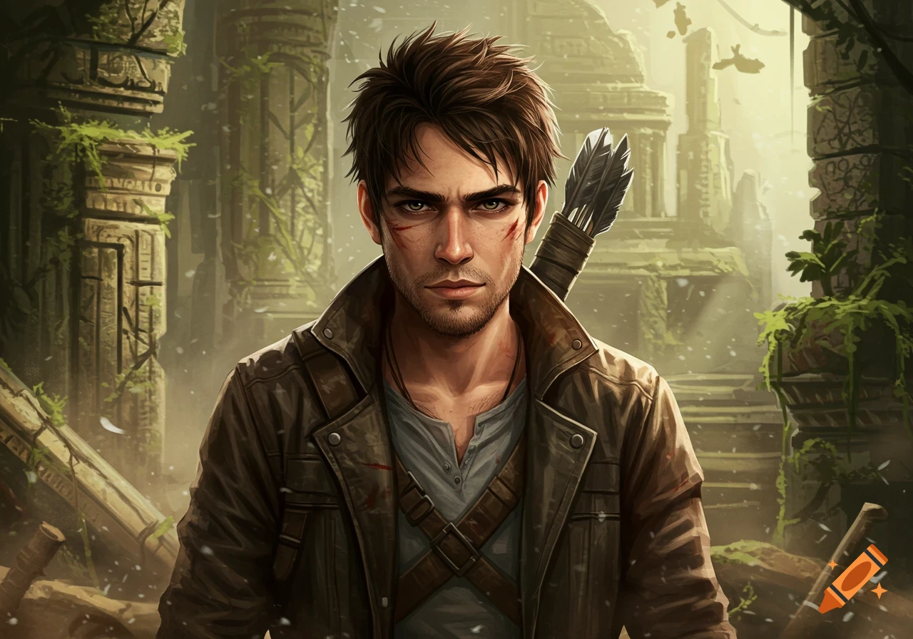 Young male adventurer with messy hair, scars, leather jacket, and quiver of arrows stands in overgrown ancient ruins. Digital art.