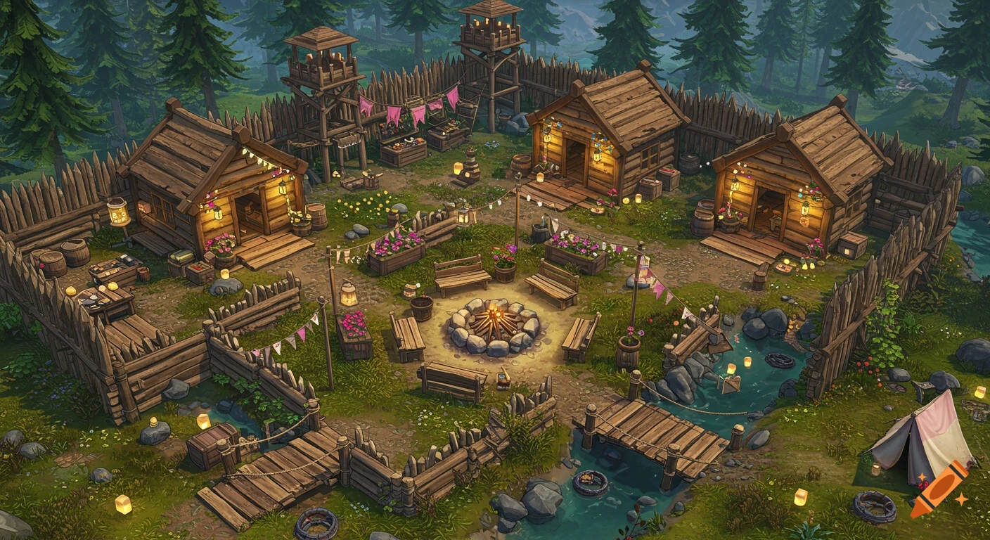 A stylized isometric view of a cozy, fortified wooden survival camp in a lush forest with cabins, watchtowers, and a central campfire.