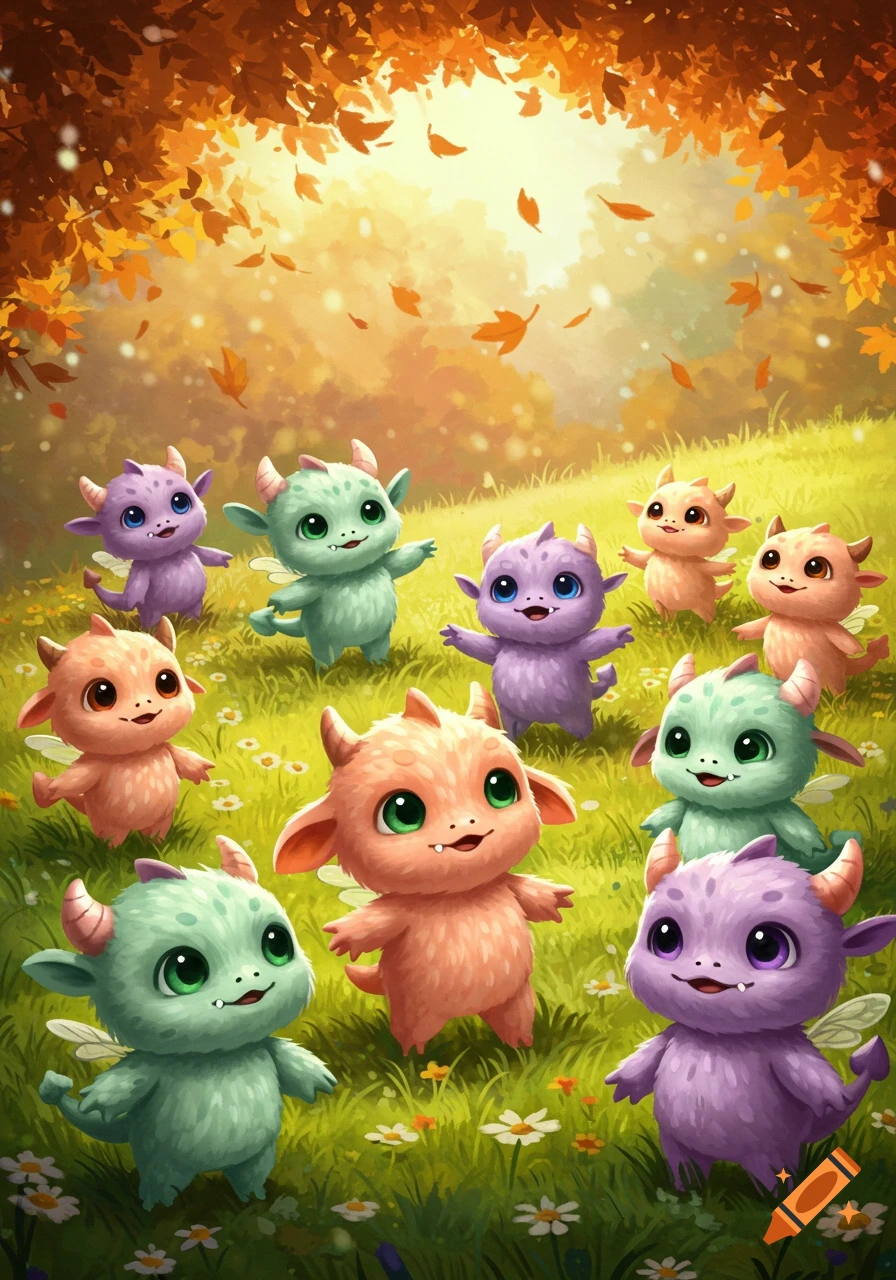 A group of cute, colorful horned creatures with small wings in an autumn field with falling leaves.