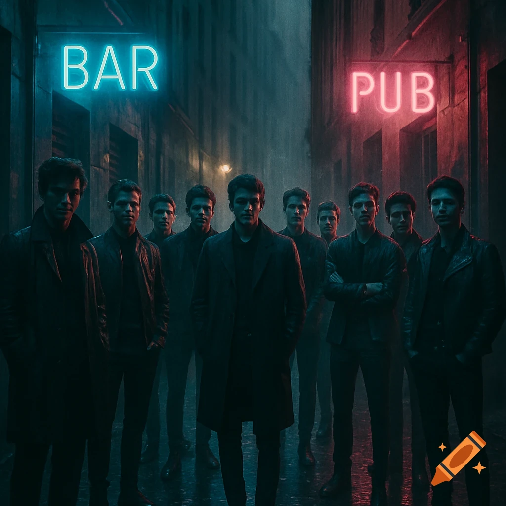 A group of stylish men stand in a dark, rainy alley illuminated by blue "BAR" and pink "PUB" neon signs, in a melancholic, cinematic, cyberpunk style.