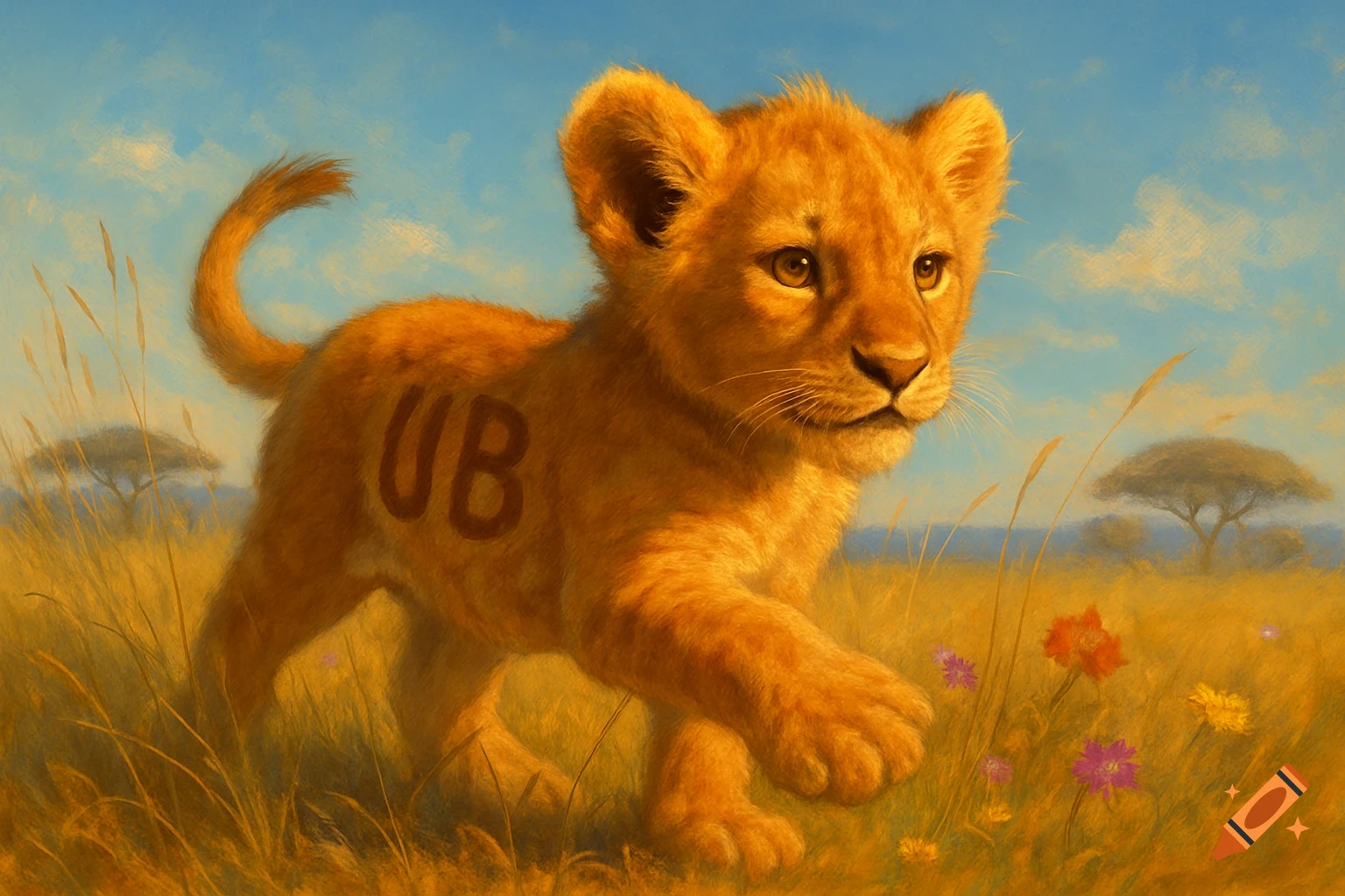 A photorealistic painting of a lion cub with the letters 'UB' on its side, walking through tall golden grass in a savannah under a blue sky.