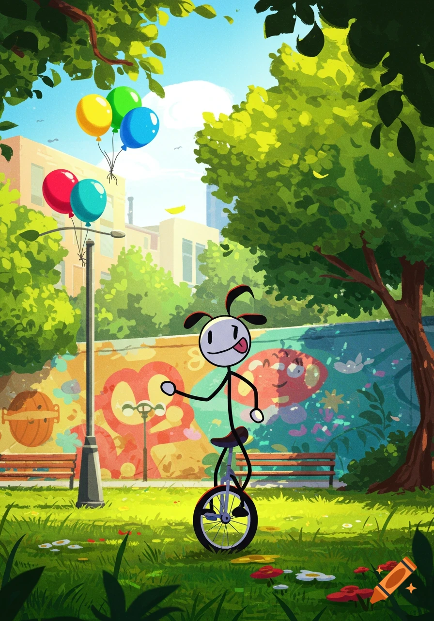 A vibrant cartoon illustration of a Jjollaman stick figure on a unicycle in a sunny park with colorful balloons and a painted mural.