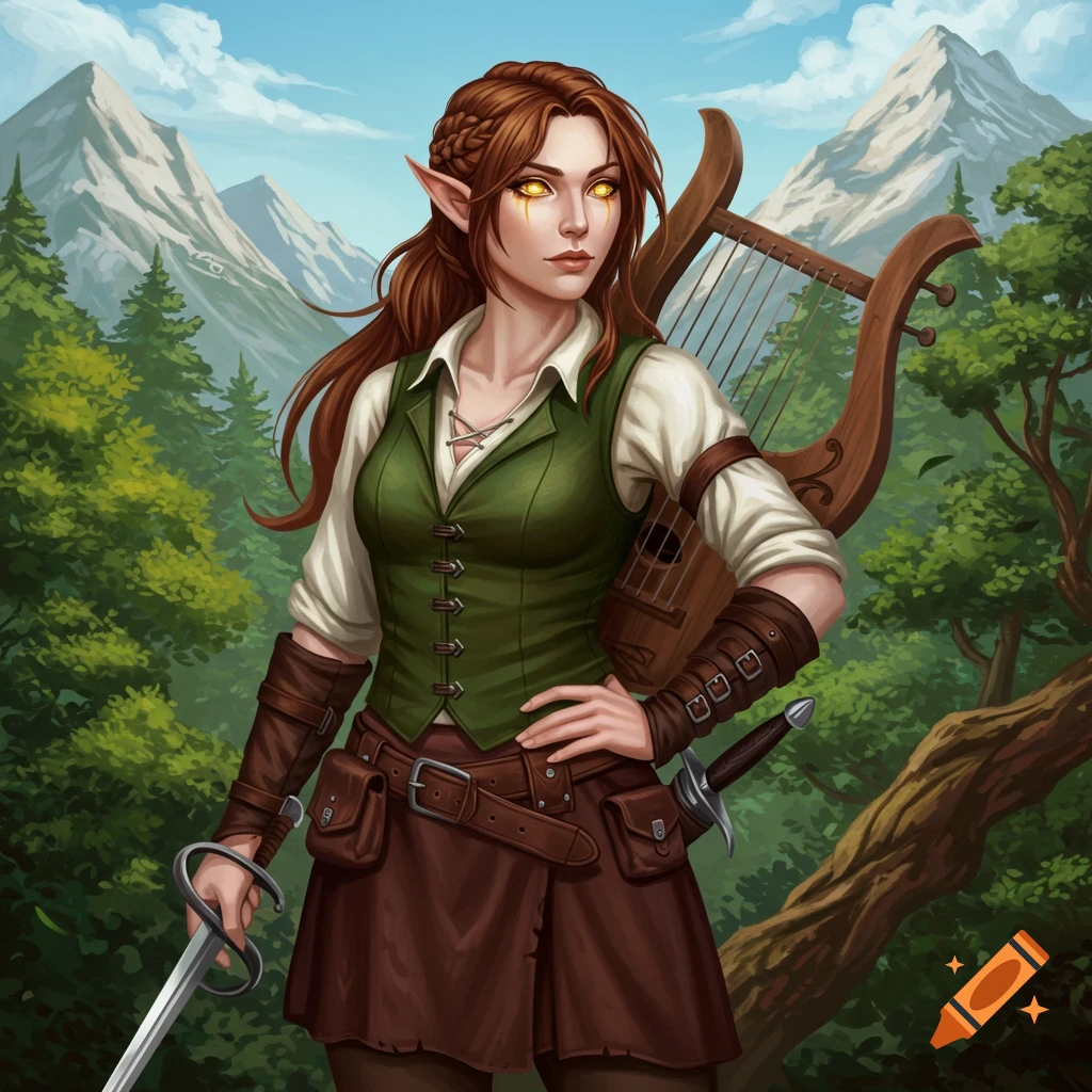 A half-elf woman with golden eyes, long brown hair, a green vest, and brown skirt stands with a rapier and lyre against a backdrop of forests and mountains in a high fantasy style.