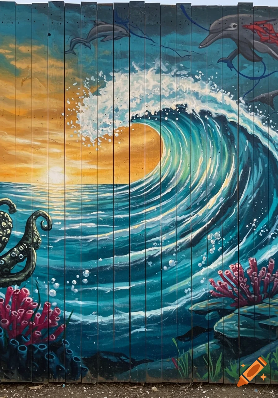 Vibrant ocean mural on a wooden fence featuring dolphins, an octopus, a large wave, and coral at sunset.