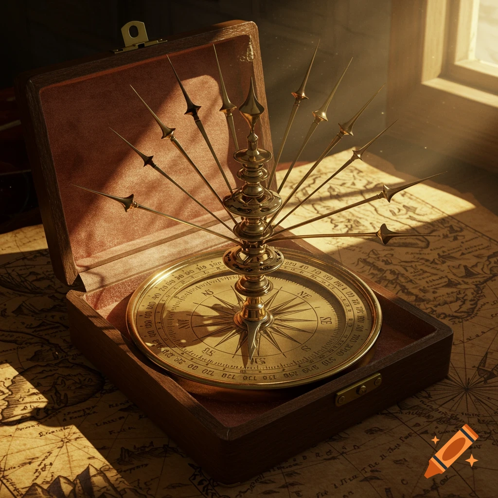 Antique brass compass with many fanned needles in an open wooden box, resting on a detailed map bathed in warm sunlight.