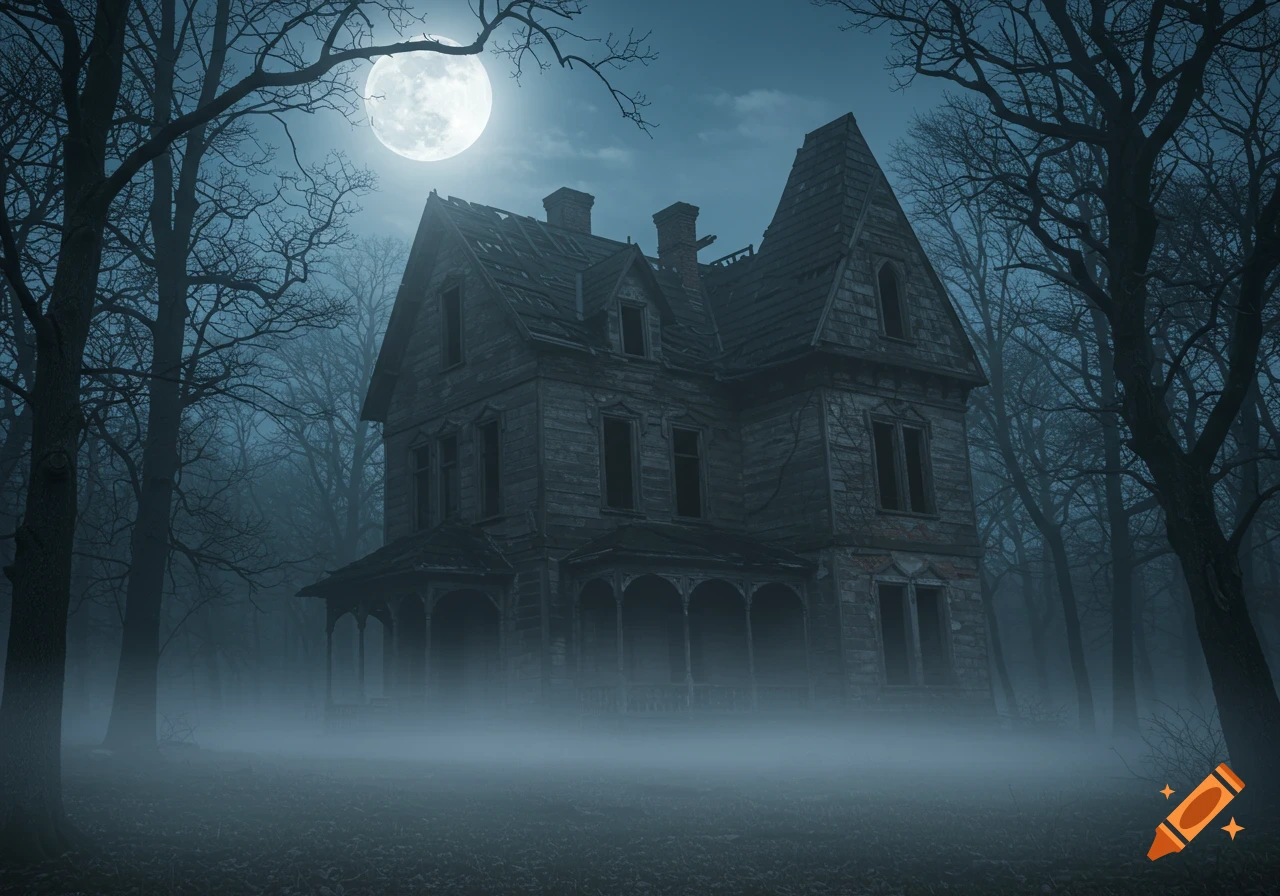 An old, dilapidated haunted house shrouded in fog within a dark, eerie forest under a full moon.