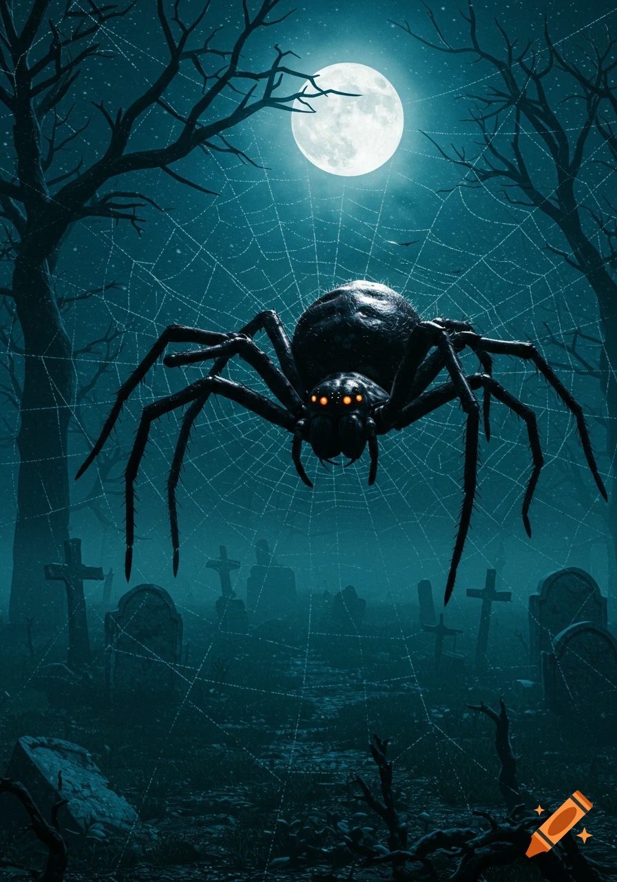 A large black spider with glowing orange eyes sits on a glowing web in a dark, foggy graveyard under a bright full moon.