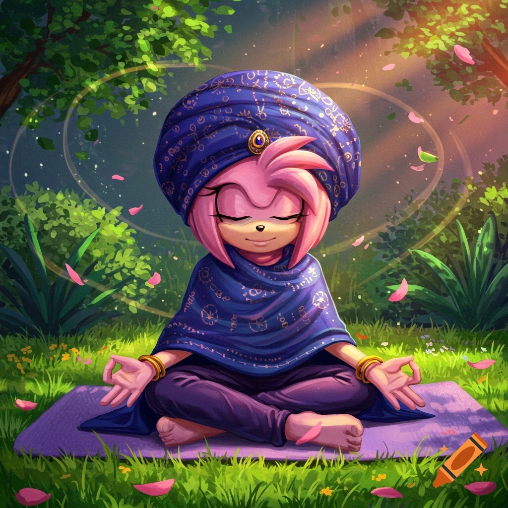 Amy Rose in a large round turban and shawl meditating on a yoga mat in a sunny, lush forest.