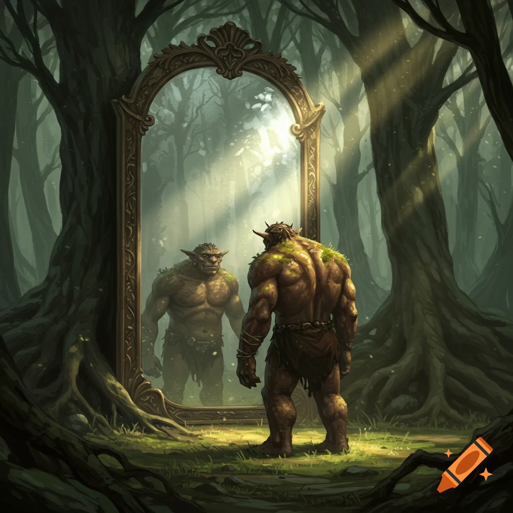 A muscular troll with moss on its back stands in a dark forest, looking at its reflection in an ornate mirror.