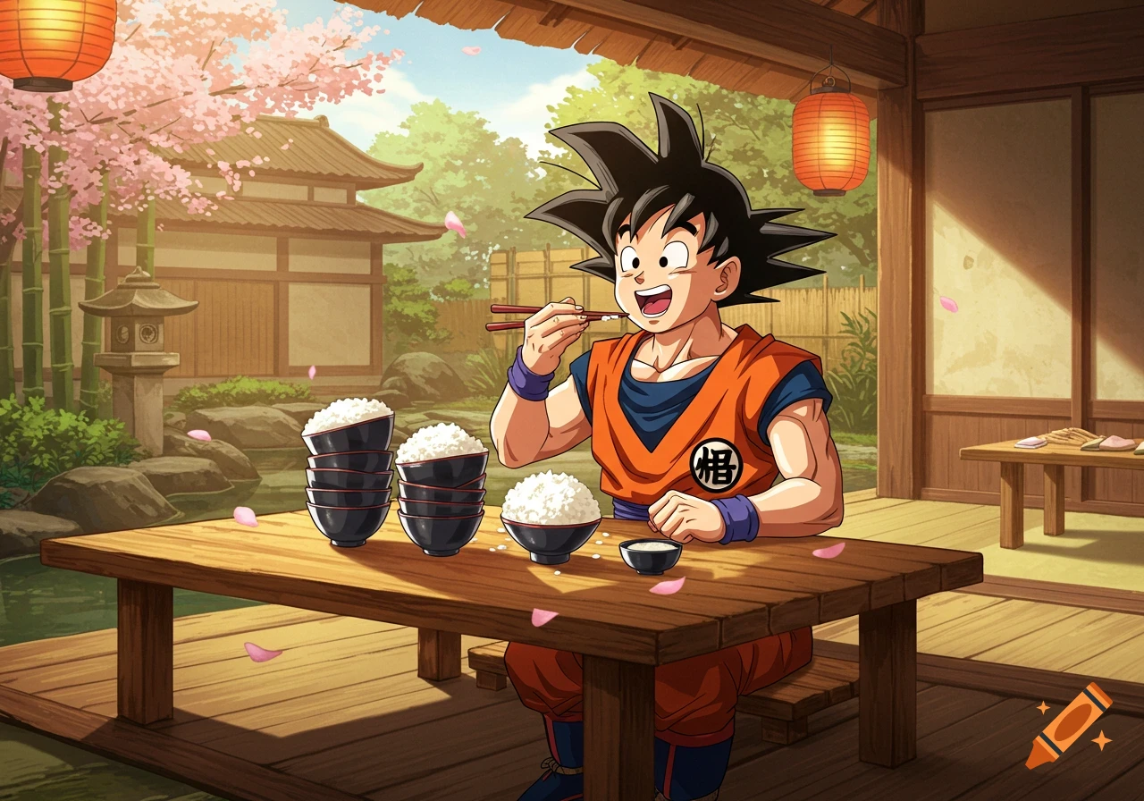 Goku eats rice from stacked bowls at a wooden table in a traditional Japanese garden with cherry blossoms.