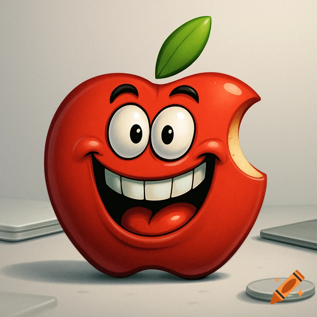 A whimsical cartoon red apple with a bite, wide eyes, a big smile, and a green leaf stem.