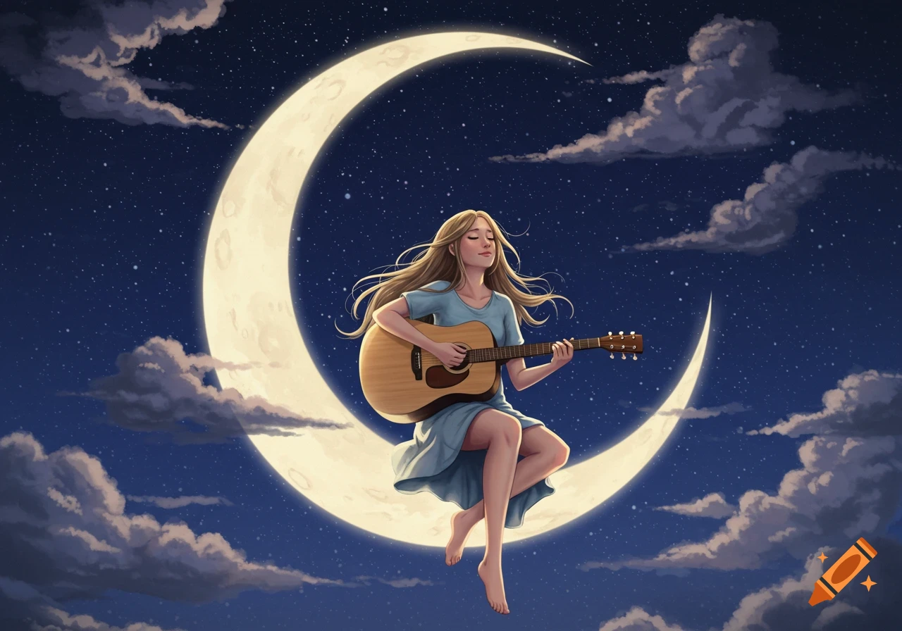 An illustration of a serene young woman with long hair playing an acoustic guitar while sitting on a crescent moon in a starry night sky.