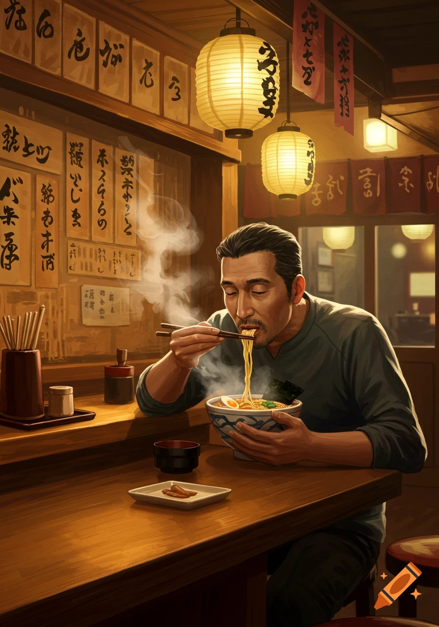 A man with a goatee eating steaming ramen noodles with chopsticks in a warm, traditional Japanese restaurant with lanterns and signs.