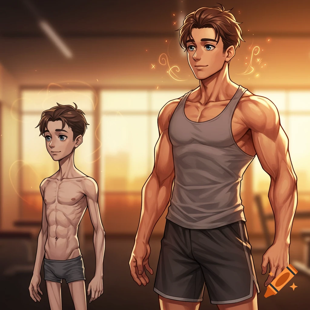 Anime illustration of a skinny young man and a muscular man in a gym, depicting body transformation.