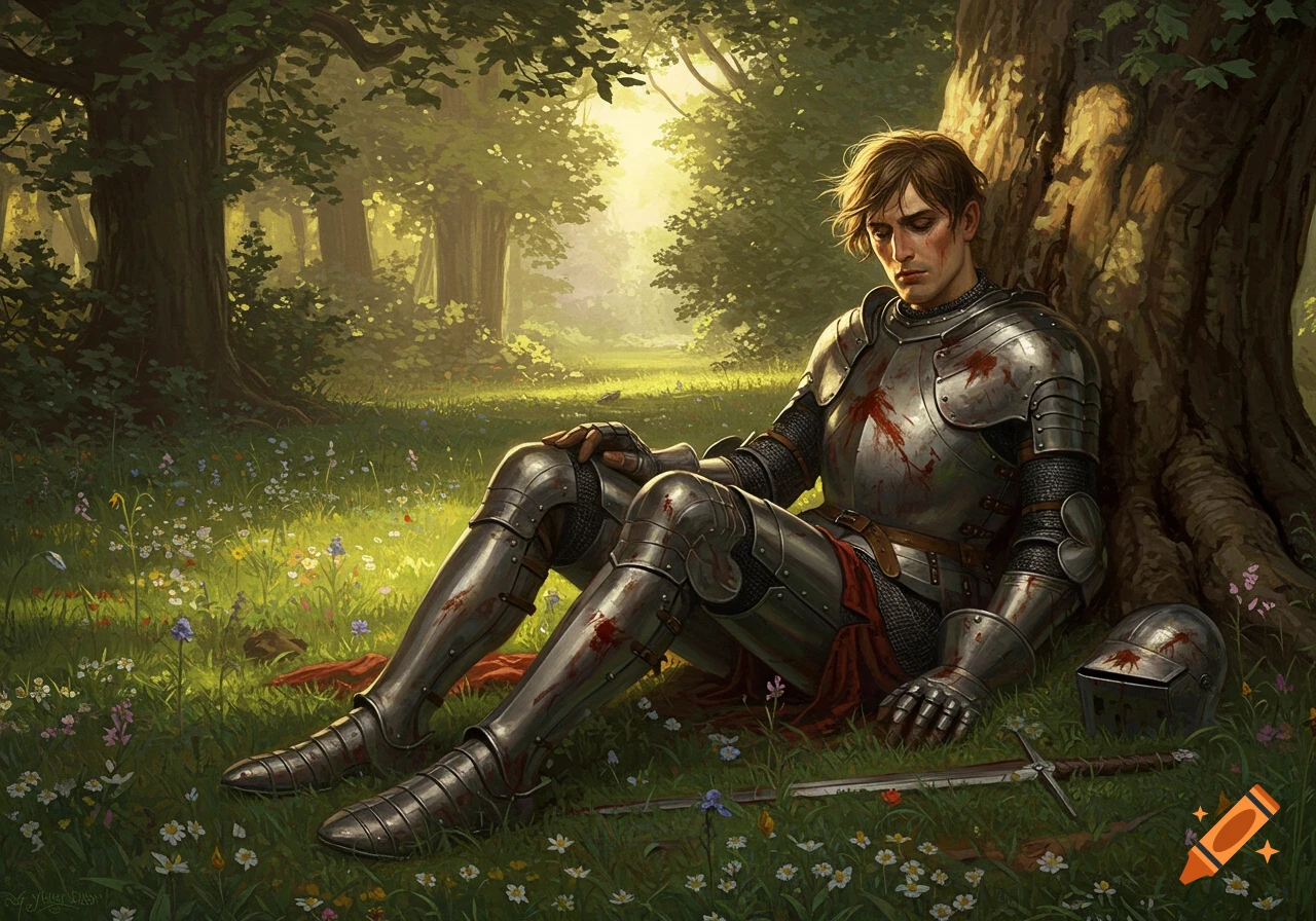 A melancholy knight in bloodied armor sits against a tree in a sunlit forest, his sword beside him, in a painterly style.