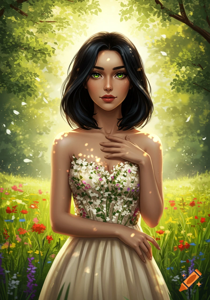 A beautiful woman with green eyes and dark hair in a floral dress stands in a sunlit meadow, illustration style.