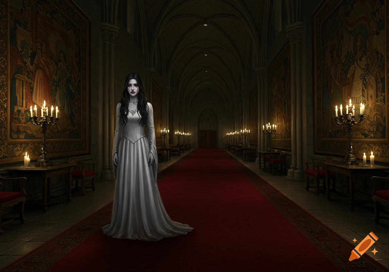 A pale vampire in a white dress with blood tears stands in a dimly lit gothic castle hallway with a red carpet and tapestries.