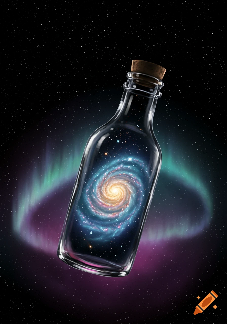 A vibrant spiral galaxy glows inside a clear corked glass bottle, which floats amidst tiny stars and a colorful aurora in deep space.