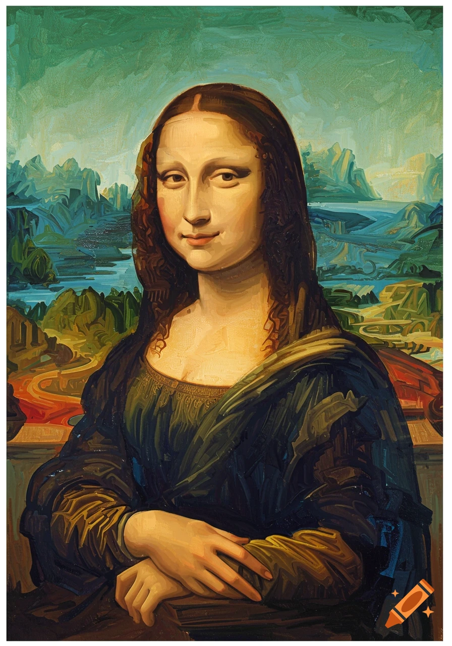 Stylized painting of the Mona Lisa in a Cubist-like, heavily textured style, against a vibrant landscape.