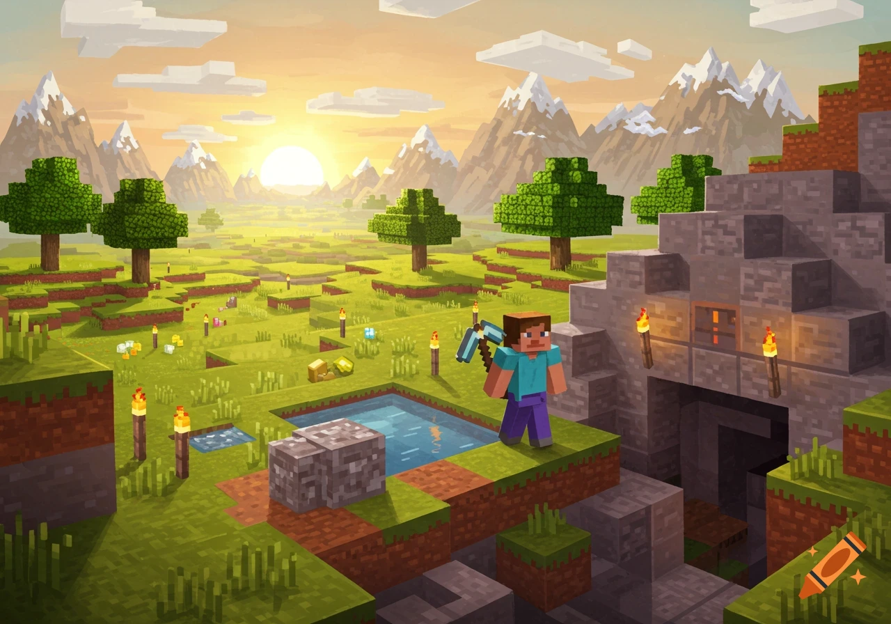 A blocky Minecraft landscape at sunset with Steve holding a pickaxe near a cave entrance, trees, and snowy mountains.