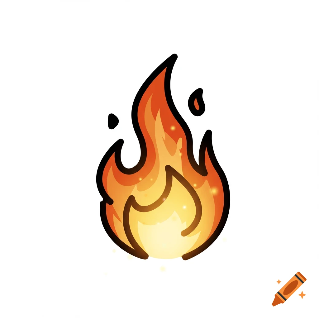 A stylized fantasy icon of fire, with orange and yellow flames outlined in black, emitting an ethereal glow.
