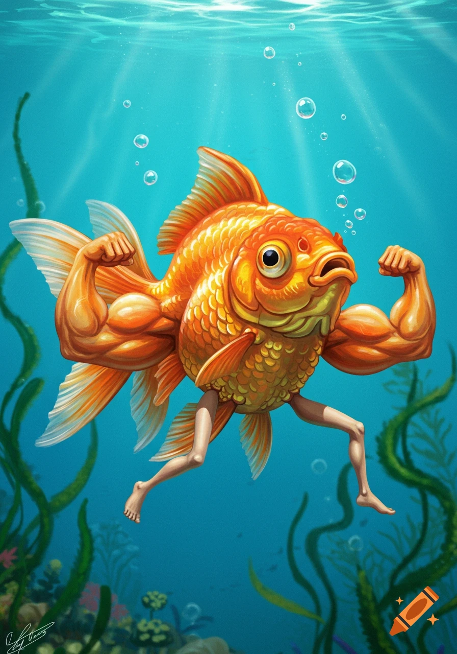 A whimsical illustration of a goldfish with strong human arms flexing and slender human legs walking underwater.