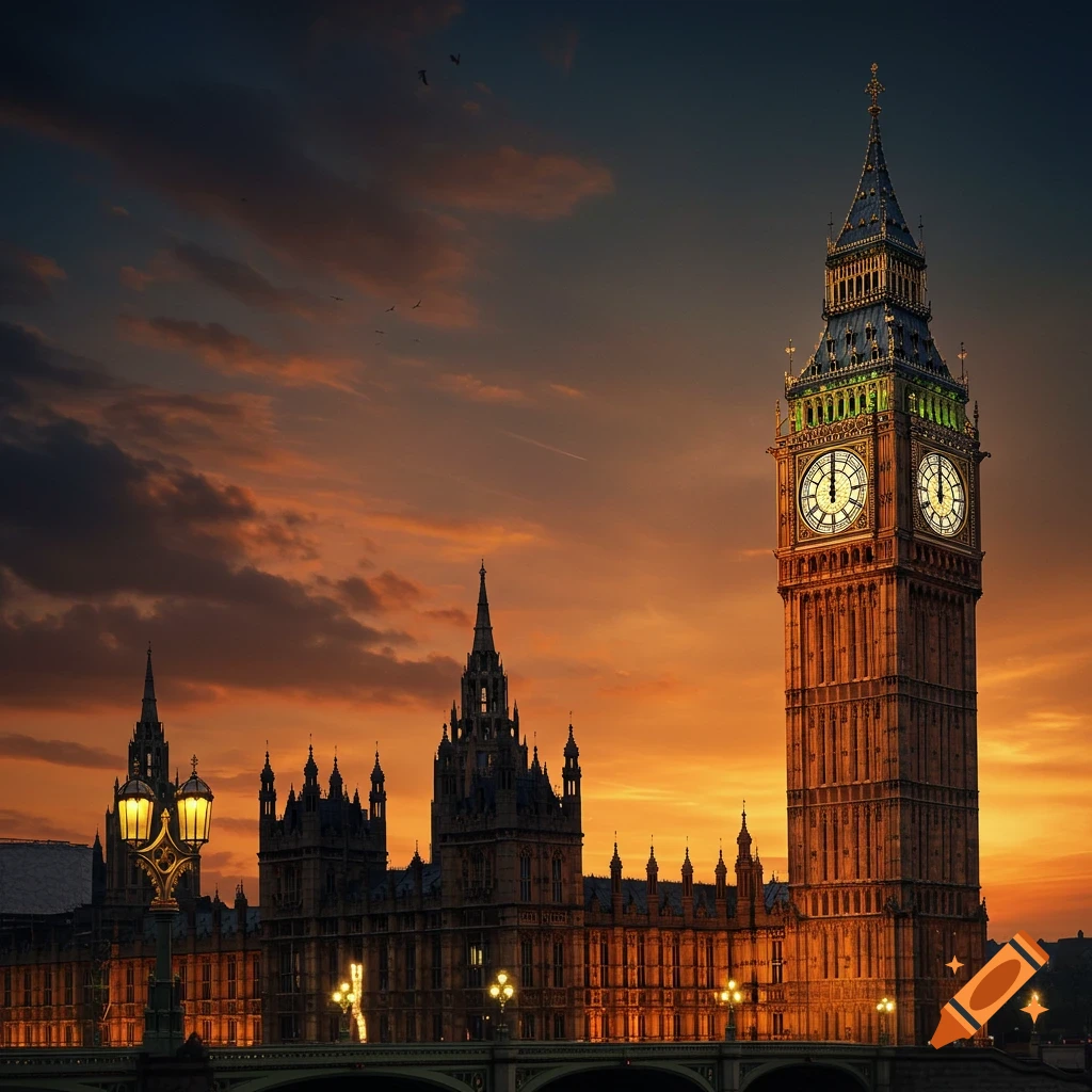 London's Big Ben and Houses of Parliament illuminated at a vibrant sunset.