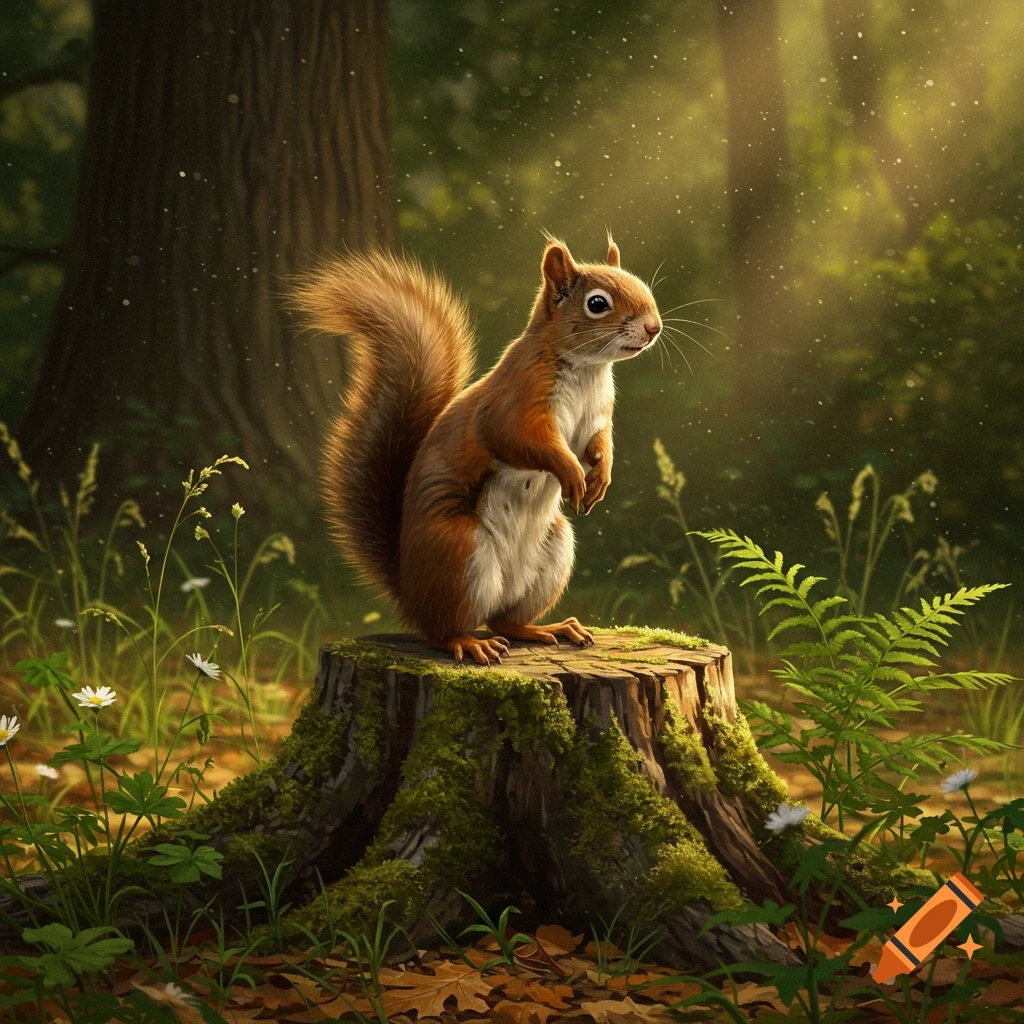 A fluffy squirrel stands alert on a mossy tree stump in a sunlit forest.