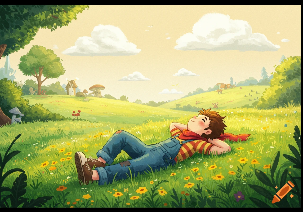 A cozy cartoon of a boy in overalls and a striped shirt relaxing in a grassy field with yellow flowers under a sunny sky.