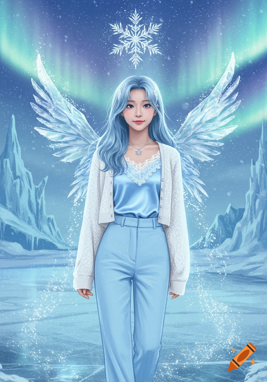 Stylized illustration of a fantasy K-pop idol with blue hair and ice wings, standing on a frozen tundra with auroras.