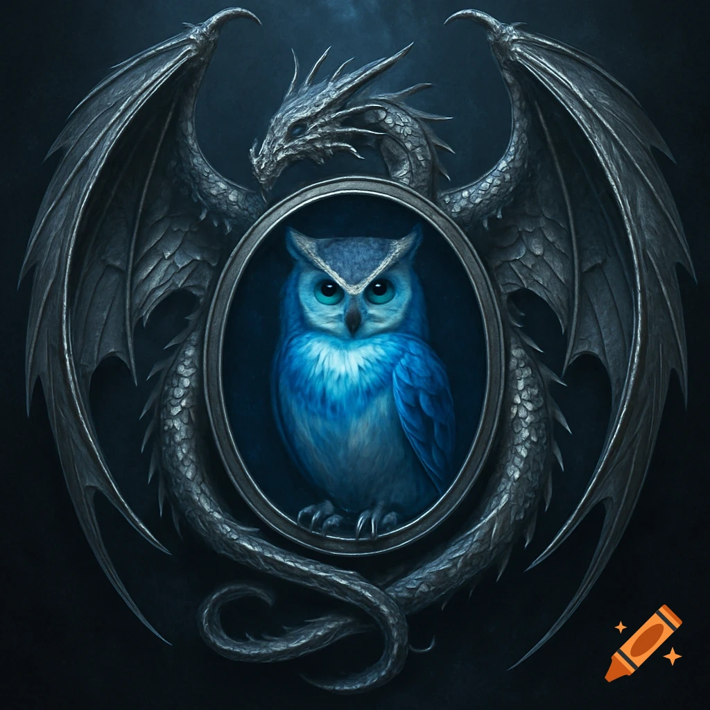 Silver dragon emblem with outstretched wings framing an oval, featuring a blue and white owl with turquoise eyes.