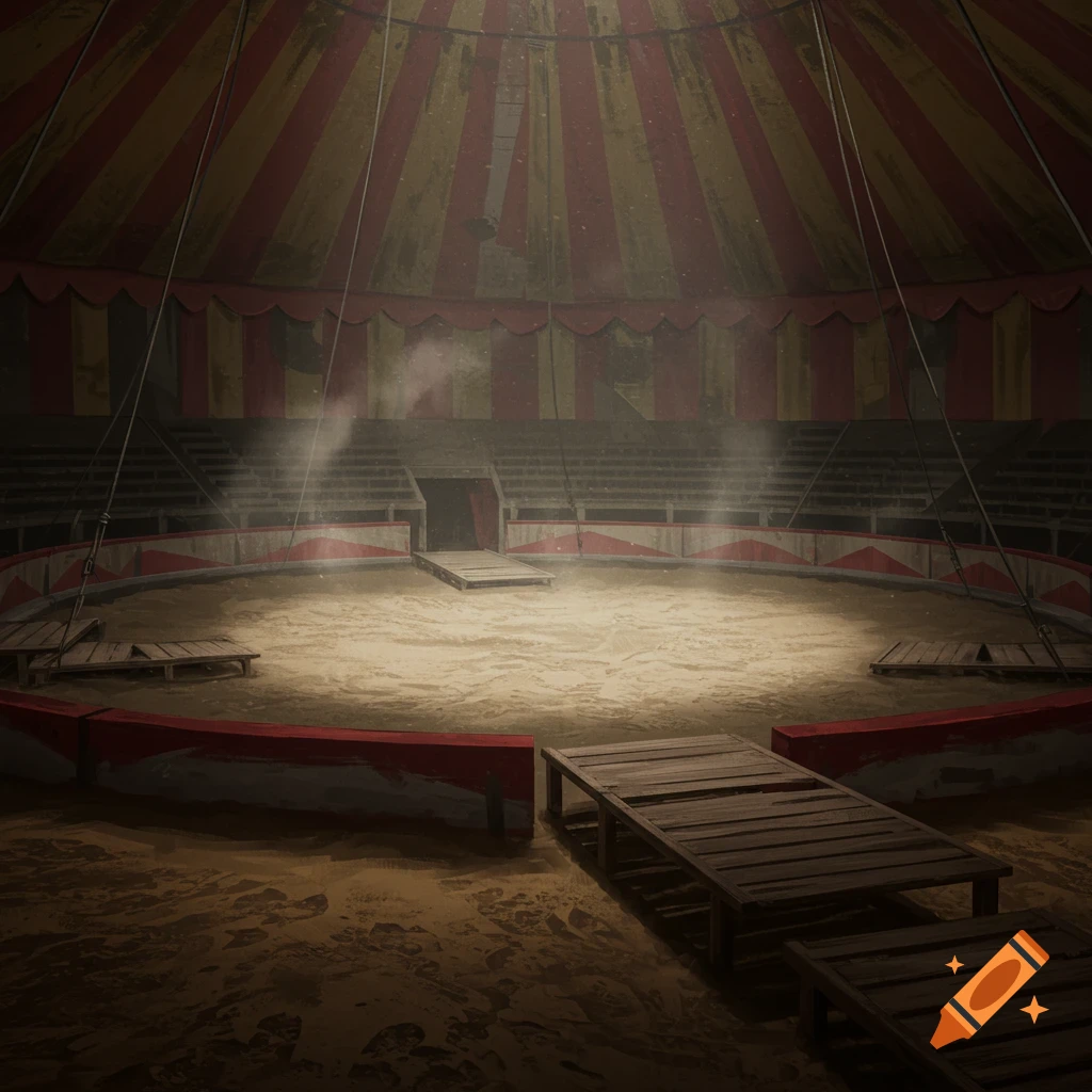 An eerie, empty circus ring with a red and yellow striped tent ceiling, dirt floor, and wooden platforms.